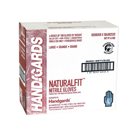 Handgards NaturalFit, Disposable Gloves, Nitrile, Powder-Free, L, 400 PK, Blue 304362533